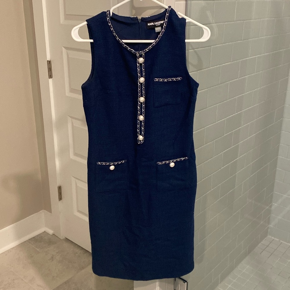 Karl Lagerfield Paris Navy blue shift dress with pearls and silver piping